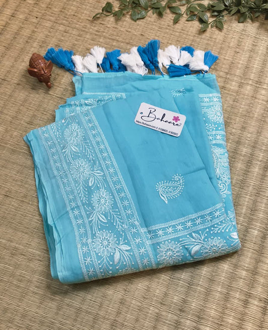 Mohini | Pastel Blue Mul Mul Cotton Saree with Chikankari Embroidery