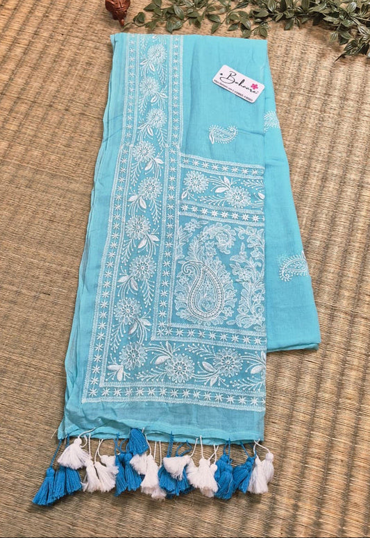 Mohini | Pastel Blue Mul Mul Cotton Saree with Chikankari Embroidery