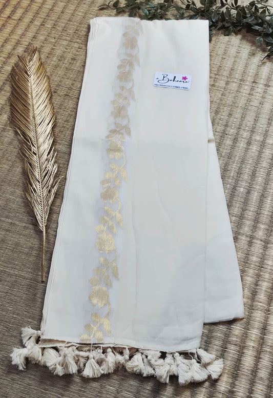 Noor | Ivory Bloom Mul Mul Cotton Saree with Golden Flower Motif