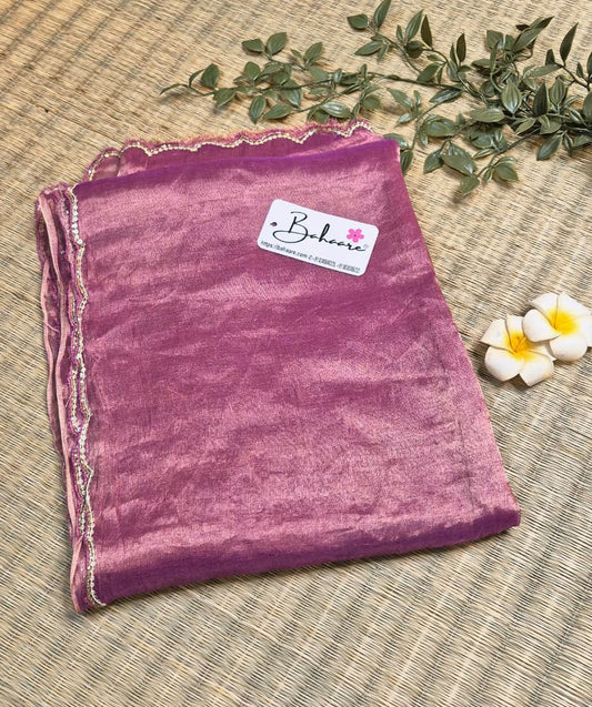 Megha | Onion Pink Tissue Saree with Scallop Border & Cutdana Moti Work