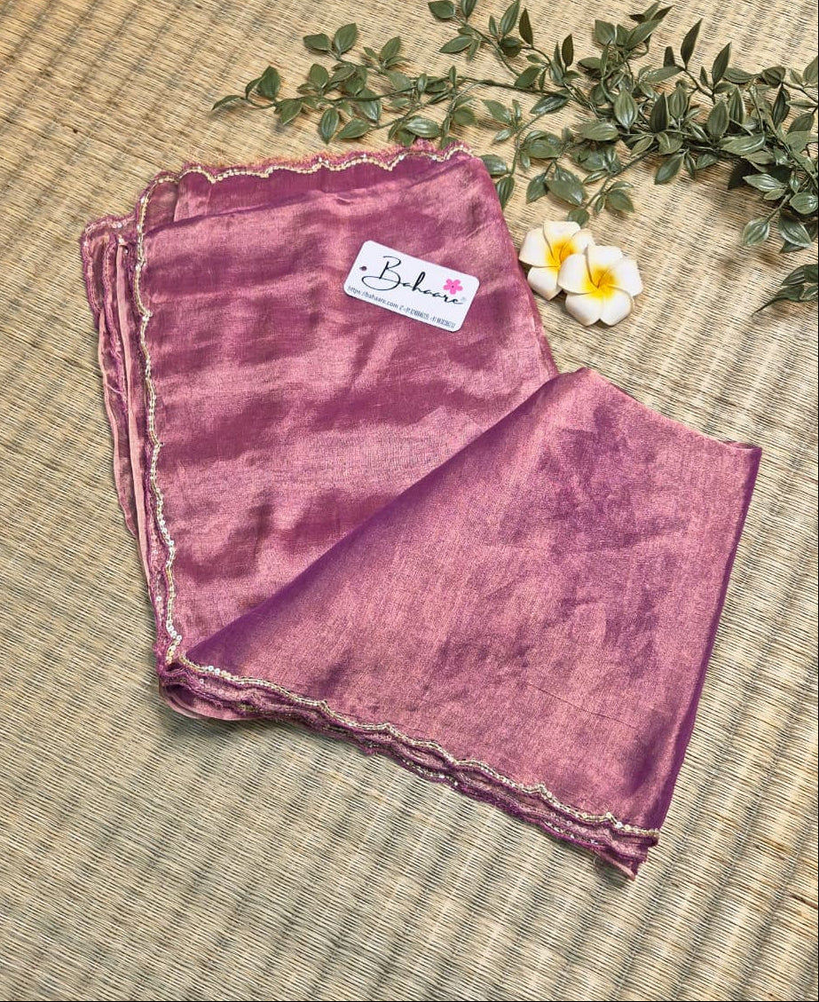 Megha | Onion Pink Tissue Saree with Scallop Border & Cutdana Moti Work