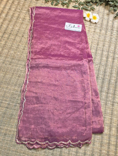 Megha | Onion Pink Tissue Saree with Scallop Border & Cutdana Moti Work