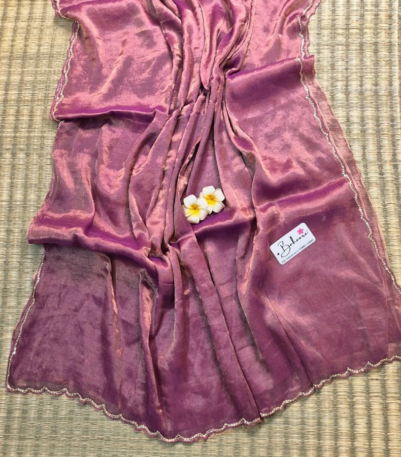 Megha | Onion Pink Tissue Saree with Scallop Border & Cutdana Moti Work