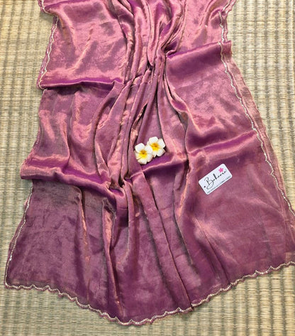 Megha | Onion Pink Tissue Saree with Scallop Border & Cutdana Moti Work