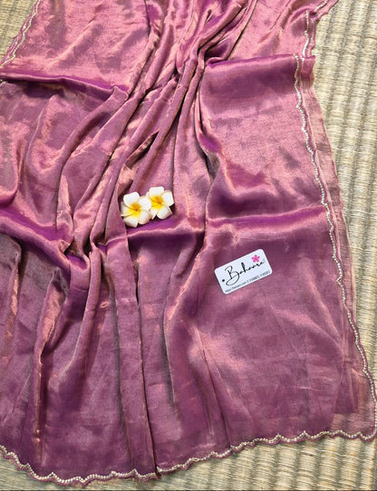 Megha | Onion Pink Tissue Saree with Scallop Border & Cutdana Moti Work