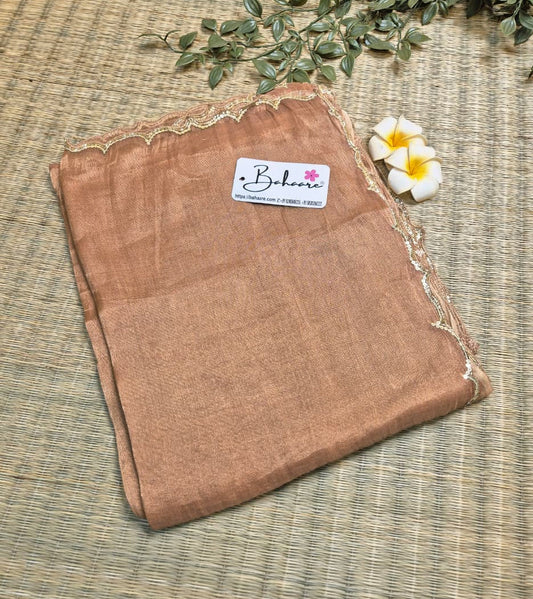 Megha | Rose Gold Tissue Saree with Scallop Border & Cutdana Moti Work