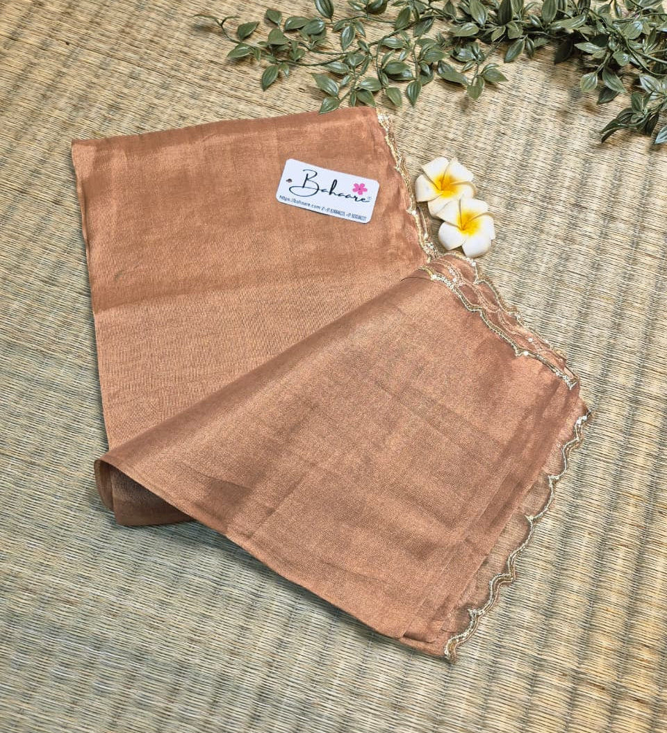 Megha | Rose Gold Tissue Saree with Scallop Border & Cutdana Moti Work