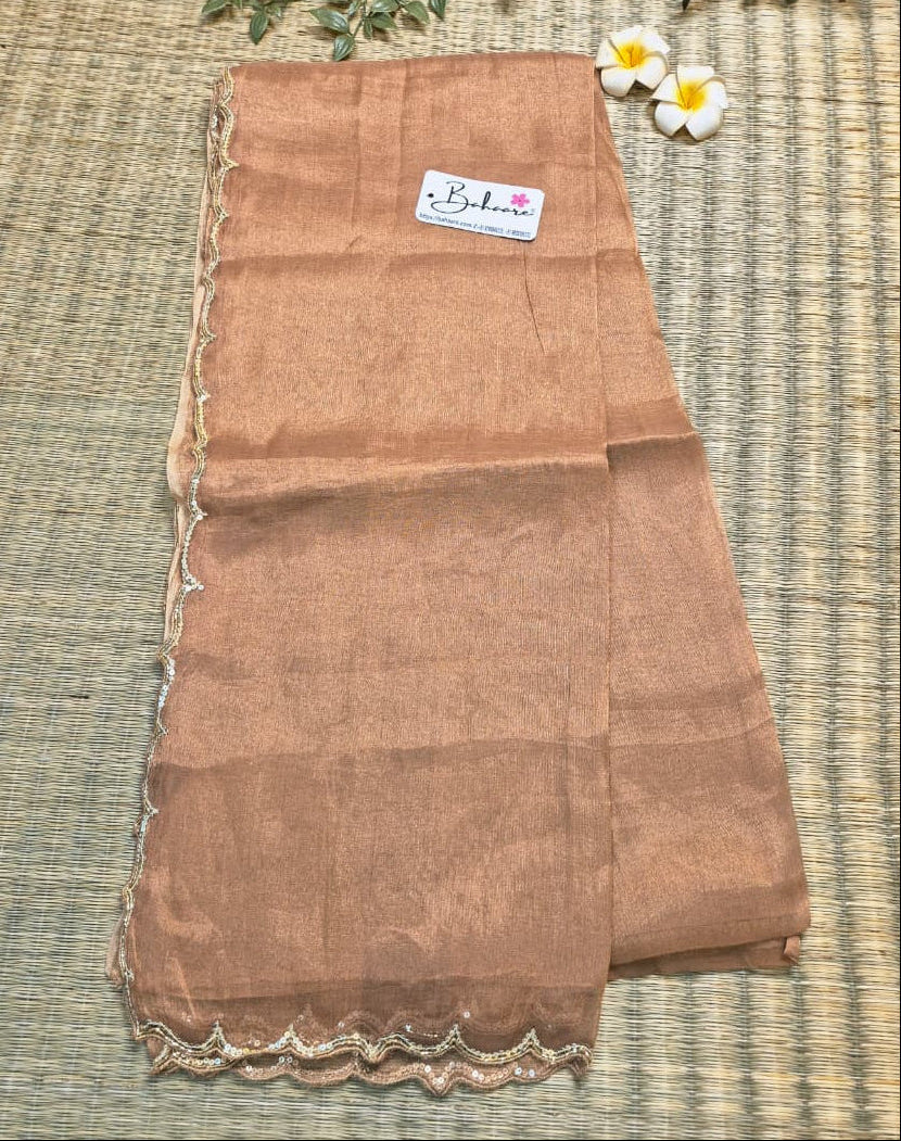 Megha | Rose Gold Tissue Saree with Scallop Border & Cutdana Moti Work