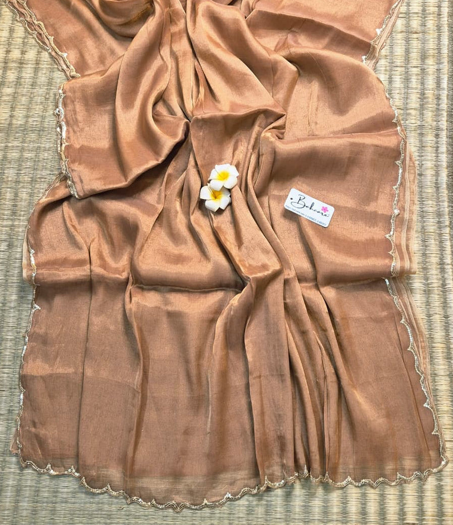 Megha | Rose Gold Tissue Saree with Scallop Border & Cutdana Moti Work