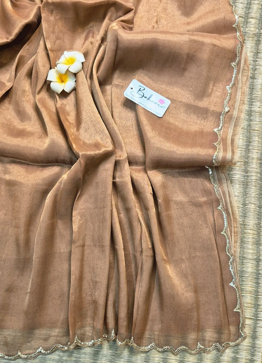 Megha | Rose Gold Tissue Saree with Scallop Border & Cutdana Moti Work