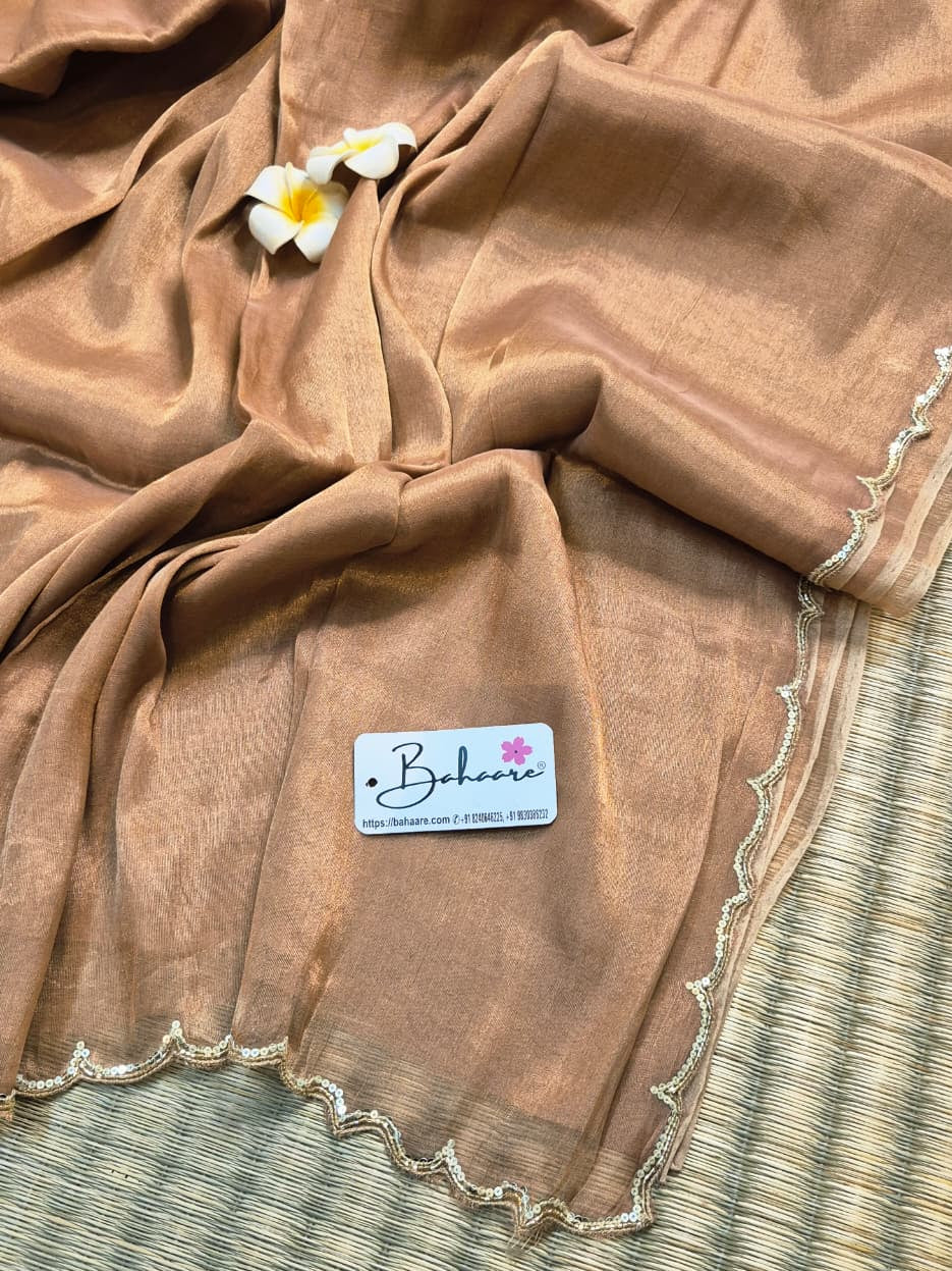 Megha | Rose Gold Tissue Saree with Scallop Border & Cutdana Moti Work