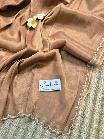 Megha | Rose Gold Tissue Saree with Scallop Border & Cutdana Moti Work