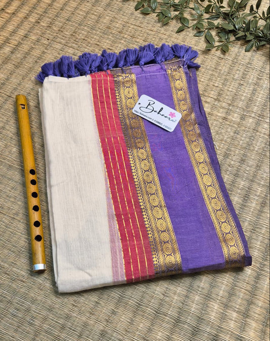 Noor | Vanilla Cream Mul Mul Cotton Saree with Orange and Purple Zari Border