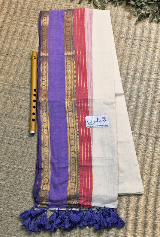 Noor | Vanilla Cream Mul Mul Cotton Saree with Orange and Purple Zari Border