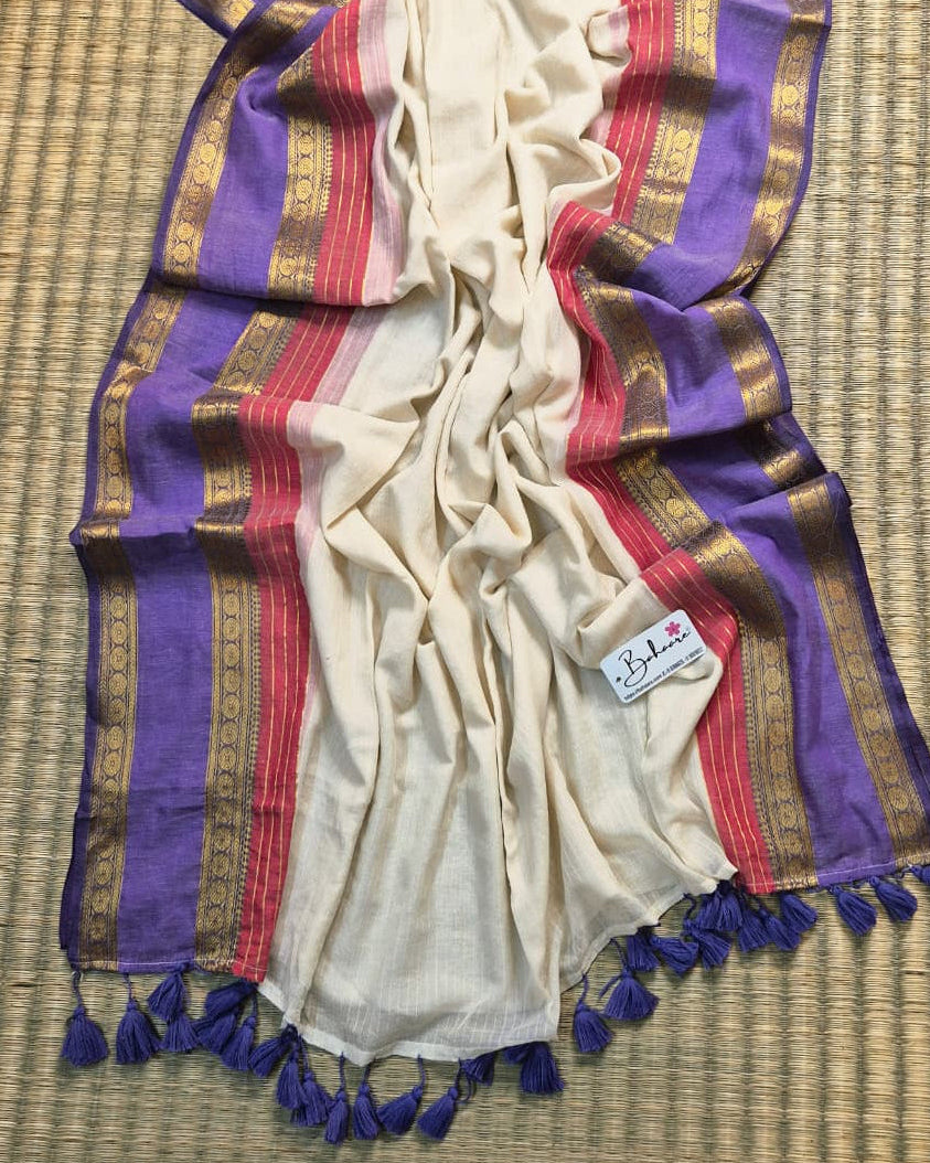 Noor | Vanilla Cream Mul Mul Cotton Saree with Orange and Purple Zari Border