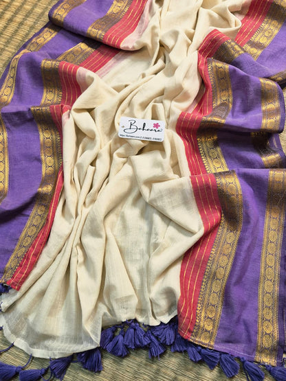 Noor | Vanilla Cream Mul Mul Cotton Saree with Orange and Purple Zari Border
