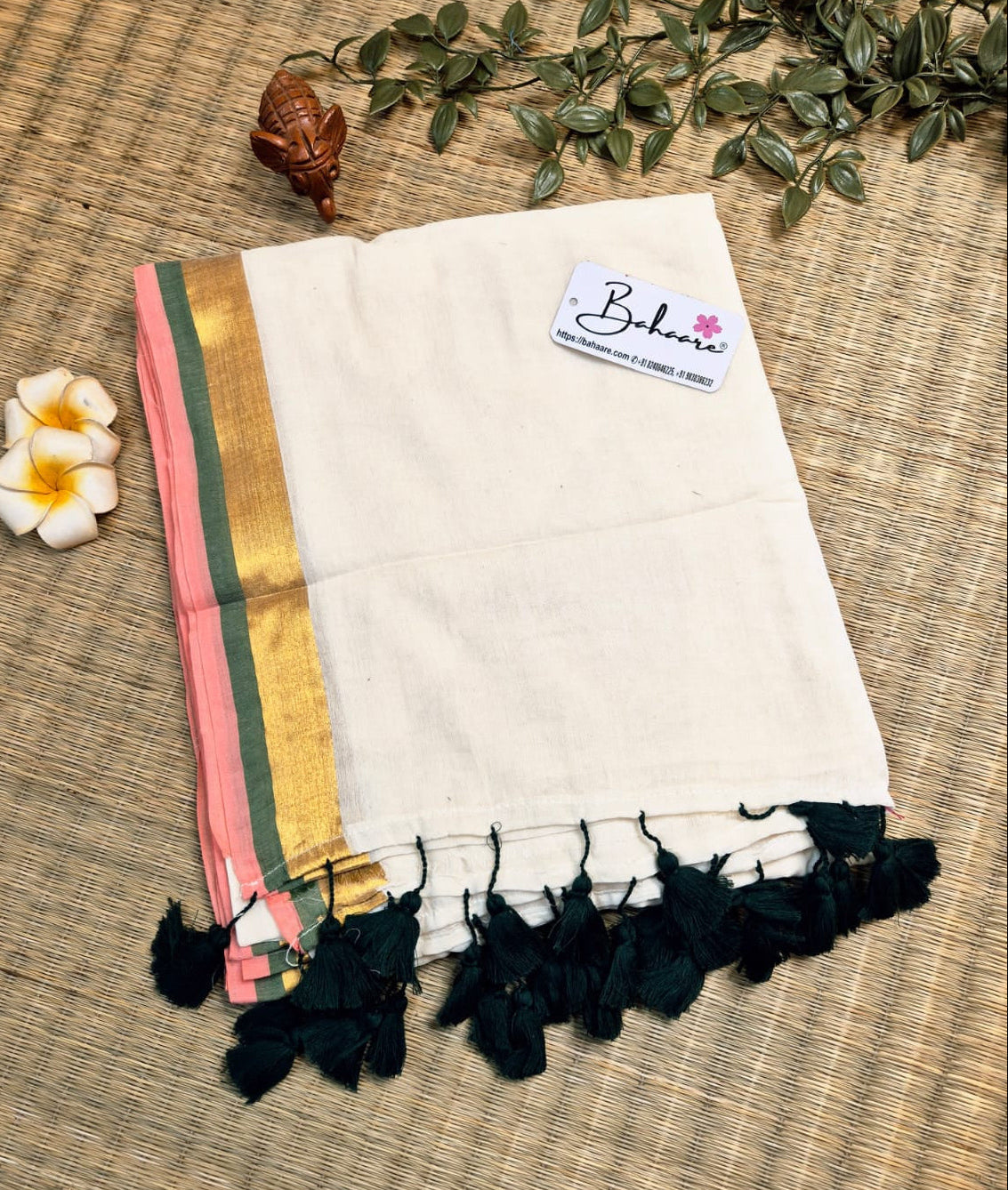 Noor | Soft Beige Mul Mul Cotton Saree with Golden Zari Border