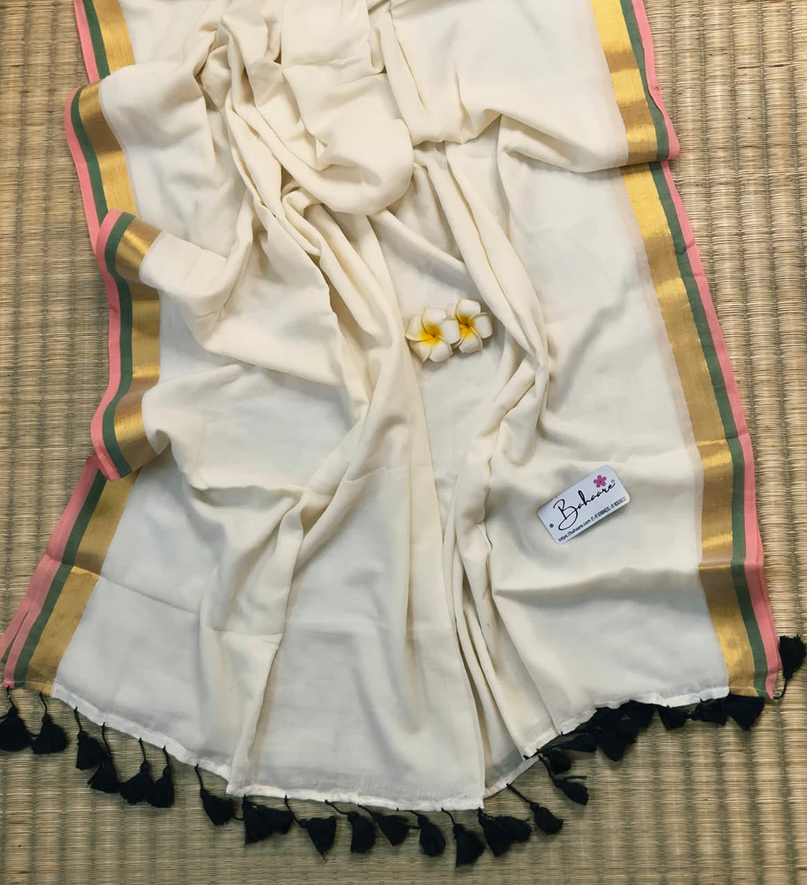 Noor | Soft Beige Mul Mul Cotton Saree with Golden Zari Border
