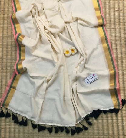 Noor | Soft Beige Mul Mul Cotton Saree with Golden Zari Border
