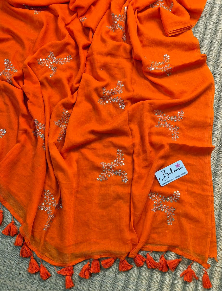 Shimmering Starlight | Flame Orange Mul Mul Cotton Saree with Sequin Zari Embroidery Work