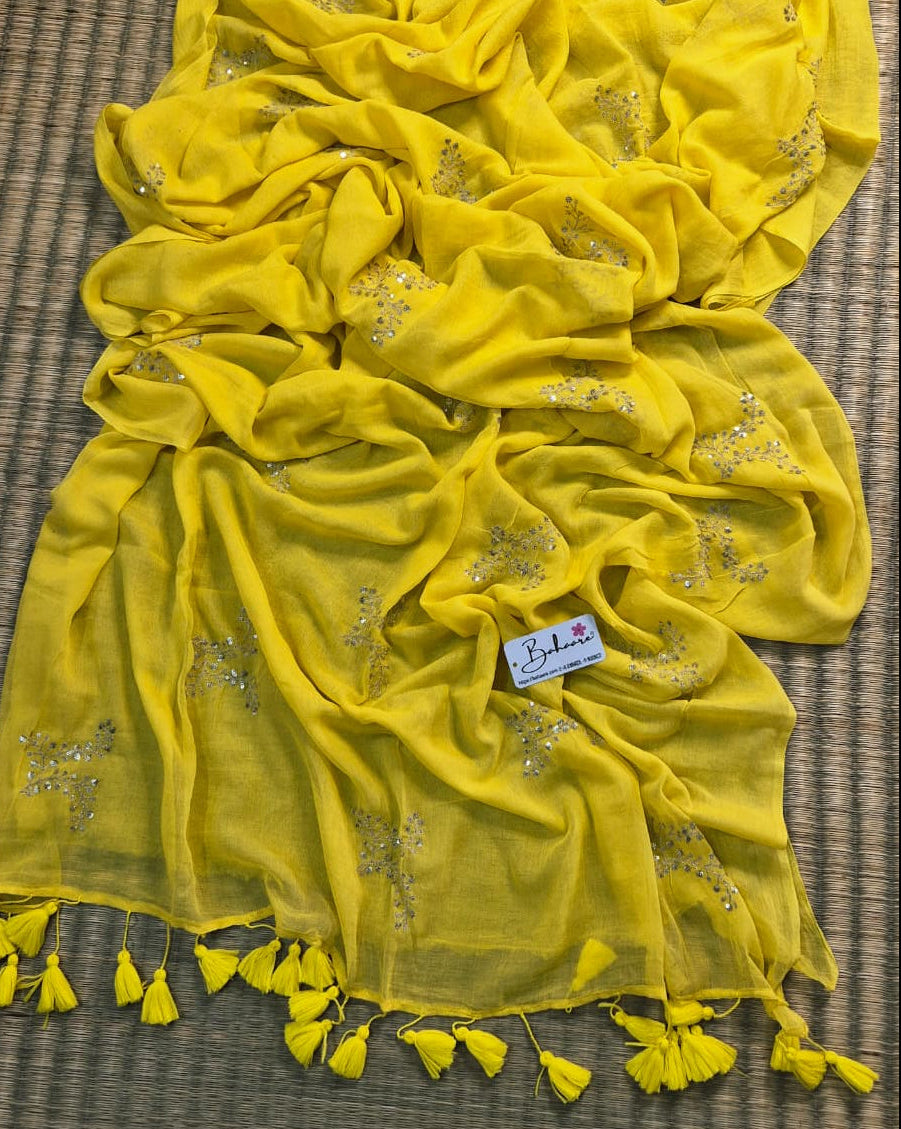 Shimmering Starlight | Sunshine Yellow Mul Mul Cotton Saree with Sequin Zari Embroidery Work