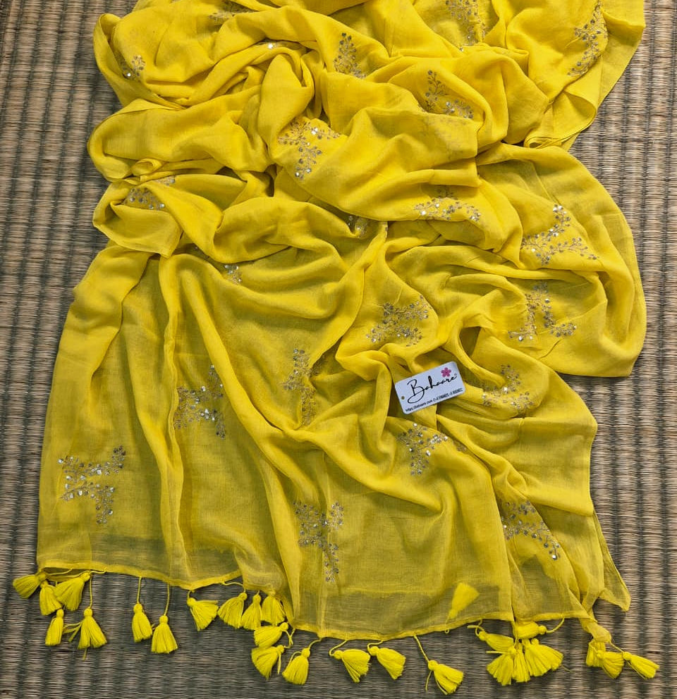 Shimmering Starlight | Sunshine Yellow Mul Mul Cotton Saree with Sequin Zari Embroidery Work