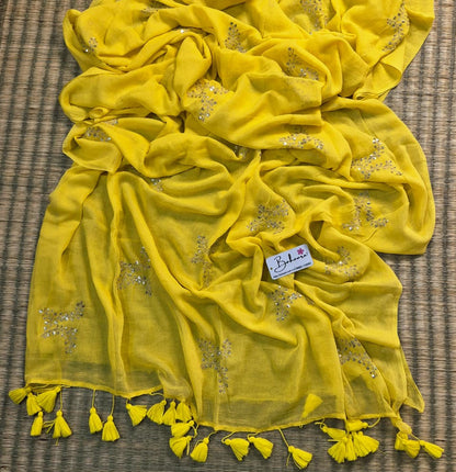Shimmering Starlight | Sunshine Yellow Mul Mul Cotton Saree with Sequin Zari Embroidery Work