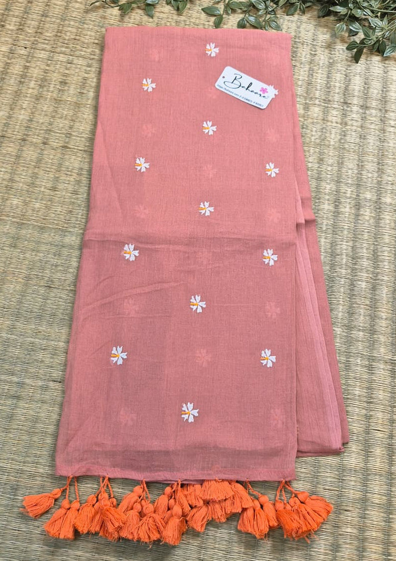 Parijat | Peach Mul Mul Cotton Saree