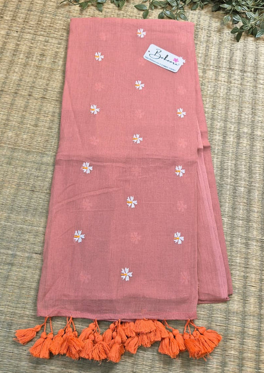 Parijat | Peach Mul Mul Cotton Saree