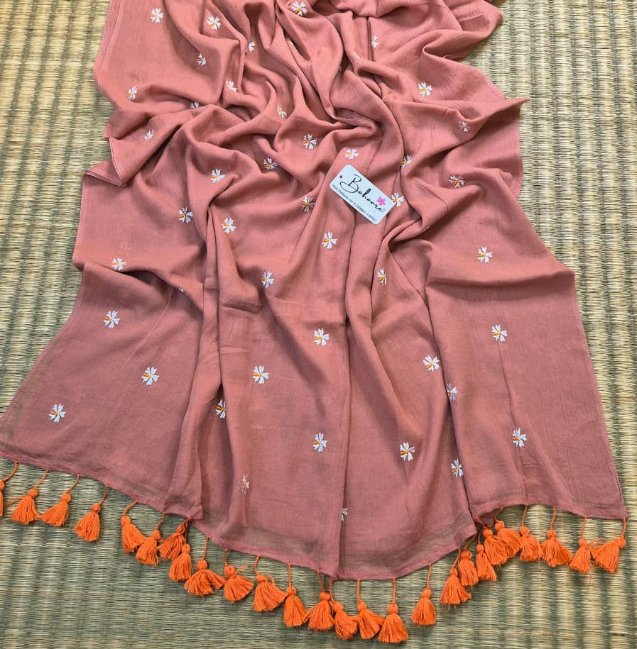 Parijat | Peach Mul Mul Cotton Saree