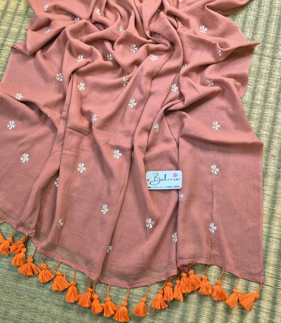 Parijat | Peach Mul Mul Cotton Saree