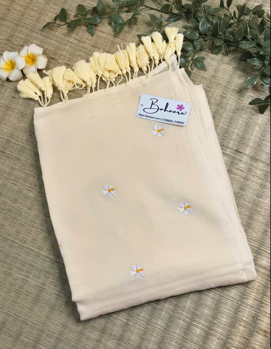 Parijat | Ivory Mul Mul Cotton Saree