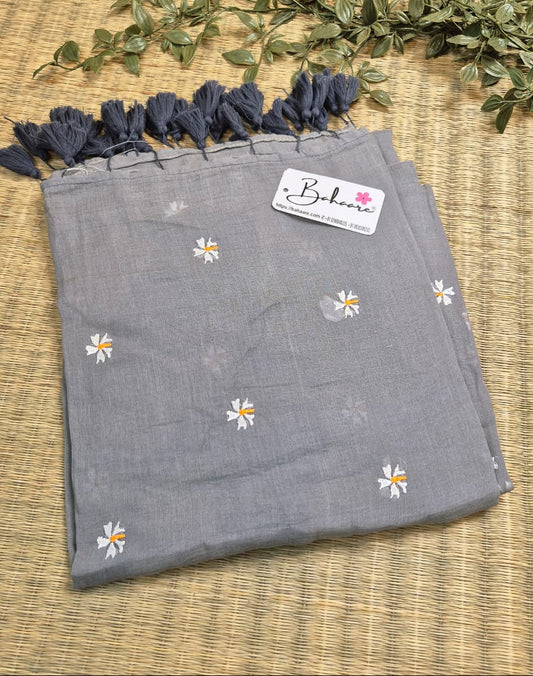 Parijat | Ash Grey Mul Mul Cotton Saree