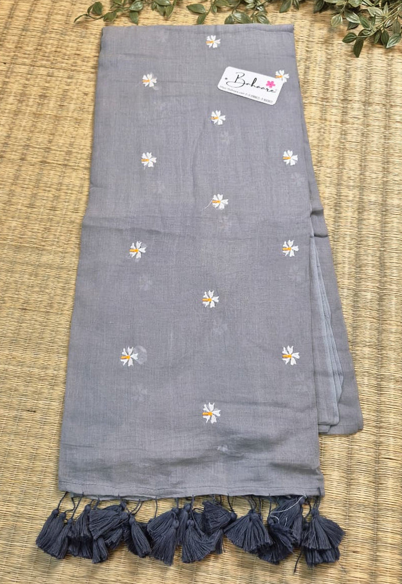Parijat | Ash Grey Mul Mul Cotton Saree