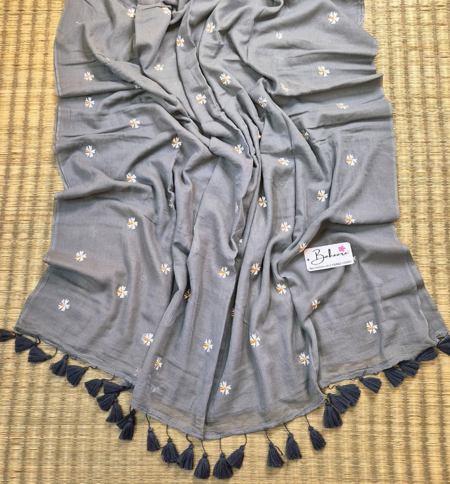 Parijat | Ash Grey Mul Mul Cotton Saree