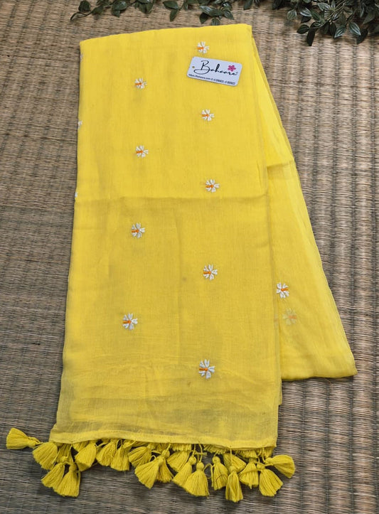 Parijat | Pastel Yellow Mul Mul Cotton Saree