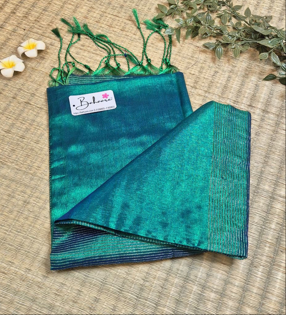 Galaxy | Peacock Green Tissue Saree with Zari Line Pallu