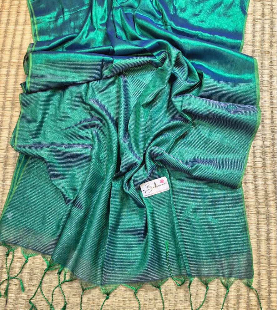 Galaxy | Peacock Green Tissue Saree with Zari Line Pallu