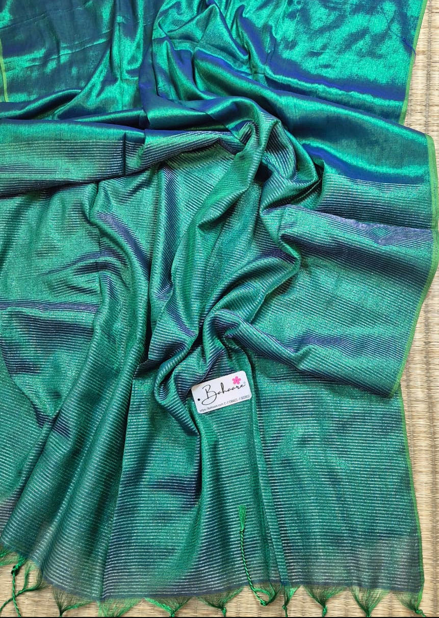 Galaxy | Peacock Green Tissue Saree with Zari Line Pallu
