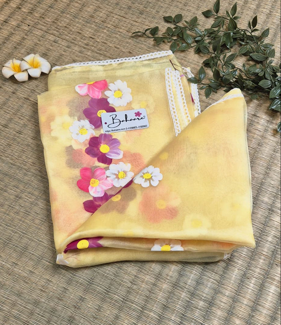 Utsav | Pastel Yellow Organza Silk Saree with Flower Hand Painted Design