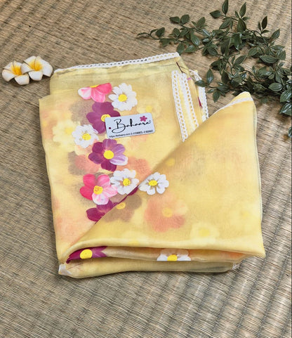 Utsav | Pastel Yellow Organza Silk Saree with Flower Hand Painted Design