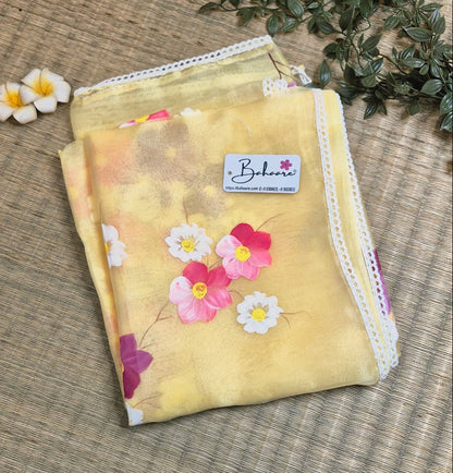 Utsav | Pastel Yellow Organza Silk Saree with Flower Hand Painted Design