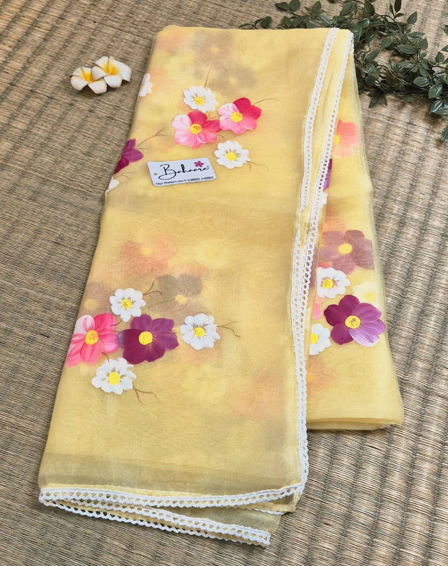 Utsav | Pastel Yellow Organza Silk Saree with Flower Hand Painted Design