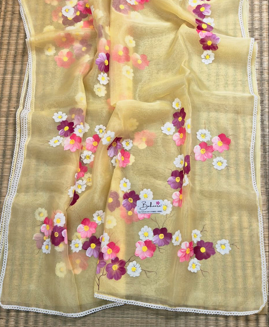Utsav | Pastel Yellow Organza Silk Saree with Flower Hand Painted Design