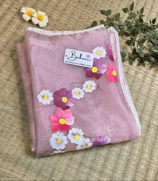Utsav | Pastel Pink Organza Silk Saree with Flower Hand Painted Design