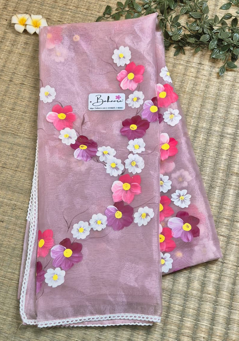 Utsav | Pastel Pink Organza Silk Saree with Flower Hand Painted Design