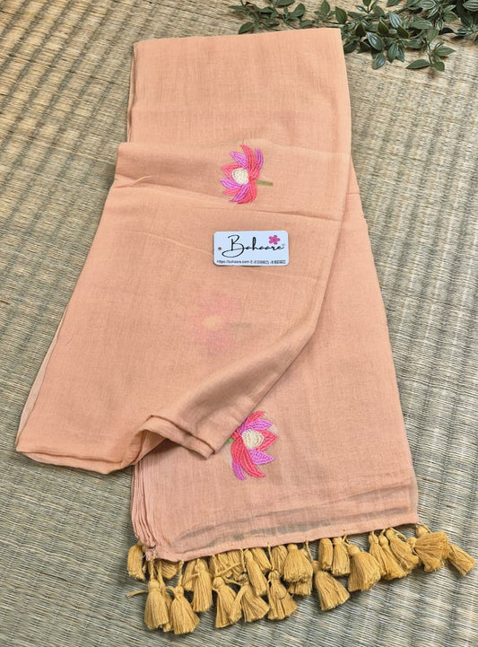 Mohini | Sandalwood Mul Mul Cotton Saree with Flower Motif