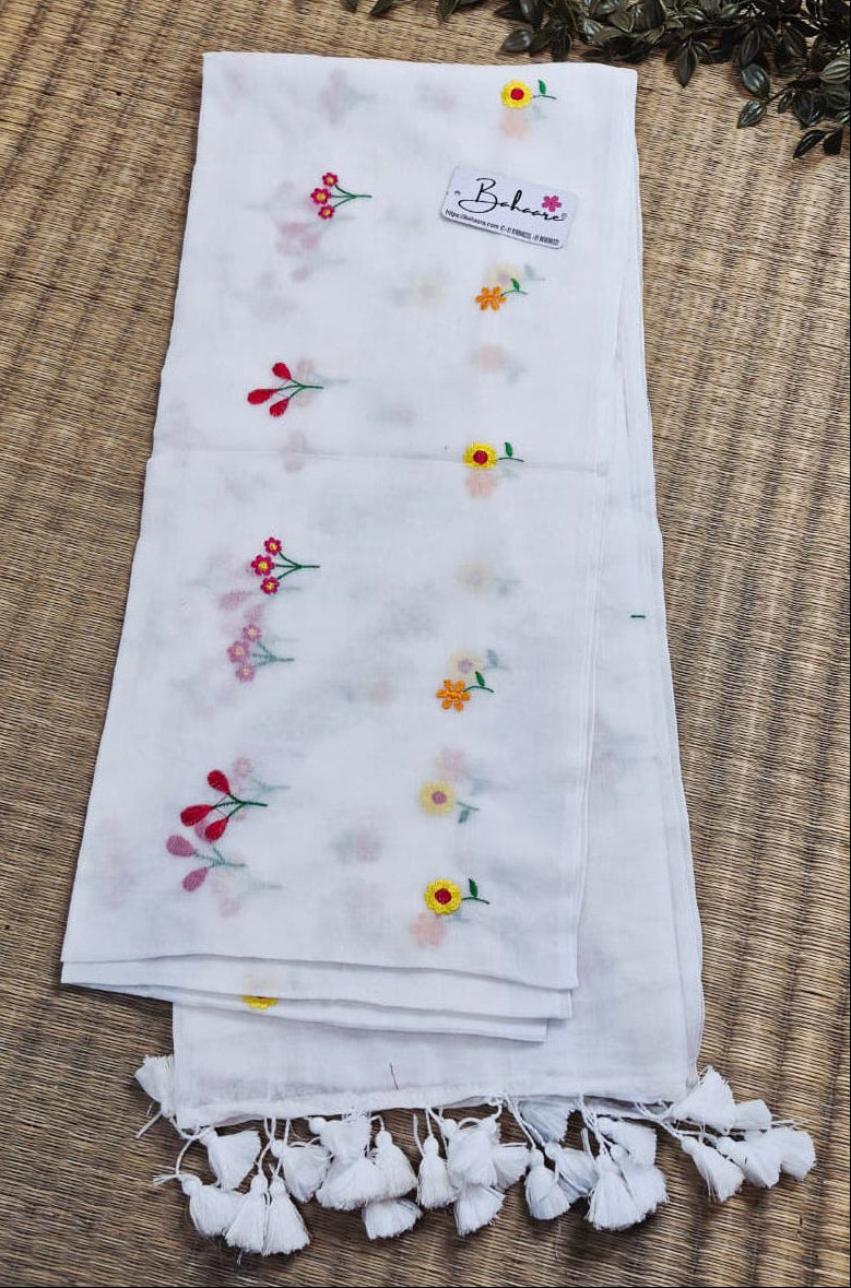 Mohini | Moonlight White Celebrity Mul Mul Cotton Saree with Flower Motif