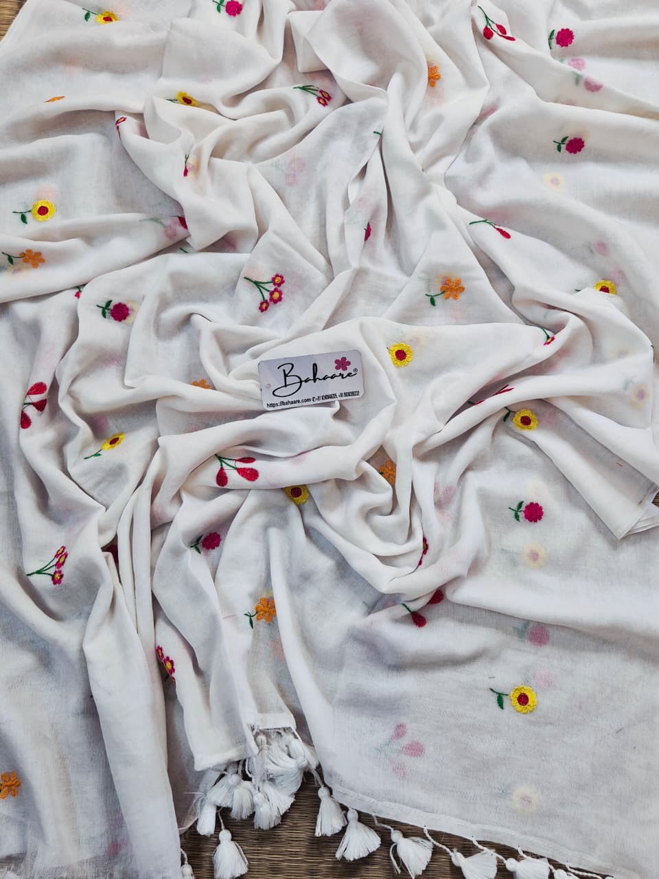 Mohini | Moonlight White Celebrity Mul Mul Cotton Saree with Flower Motif