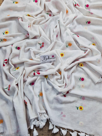 Mohini | Moonlight White Celebrity Mul Mul Cotton Saree with Flower Motif